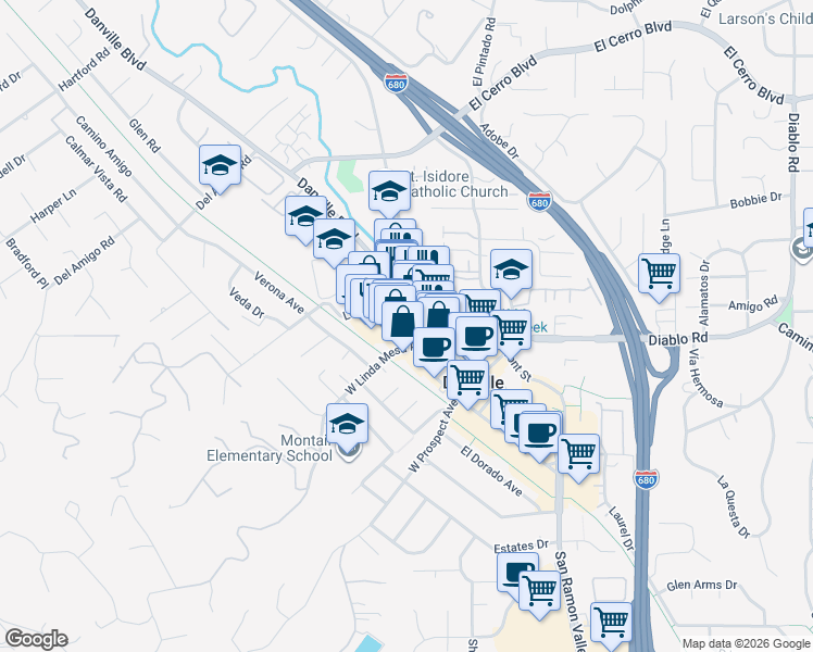 map of restaurants, bars, coffee shops, grocery stores, and more near 70 Railroad Avenue in Danville