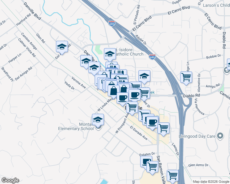 map of restaurants, bars, coffee shops, grocery stores, and more near 70 Railroad Avenue in Danville