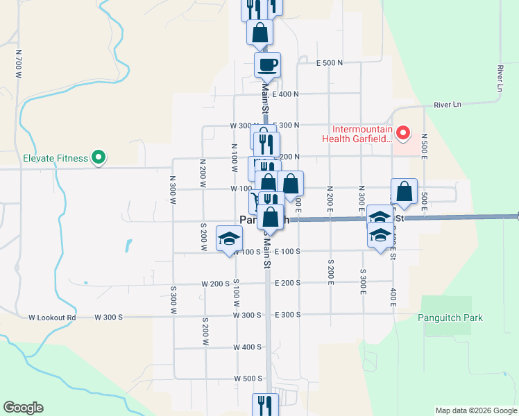 map of restaurants, bars, coffee shops, grocery stores, and more near 80 North Main Street in Panguitch