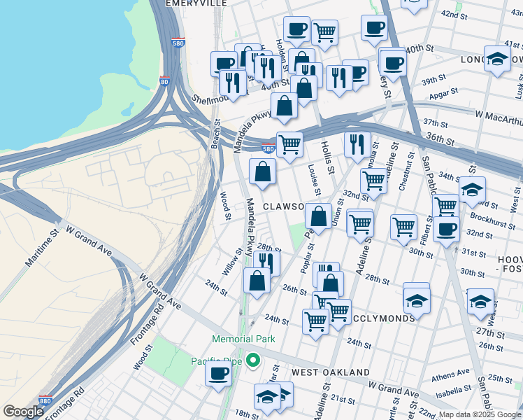 map of restaurants, bars, coffee shops, grocery stores, and more near 1610 32nd Street in Oakland