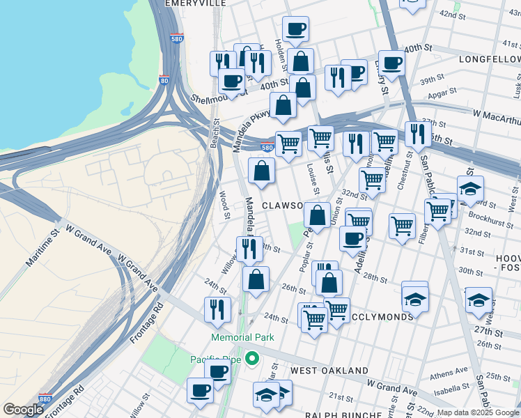map of restaurants, bars, coffee shops, grocery stores, and more near 1610 32nd Street in Oakland