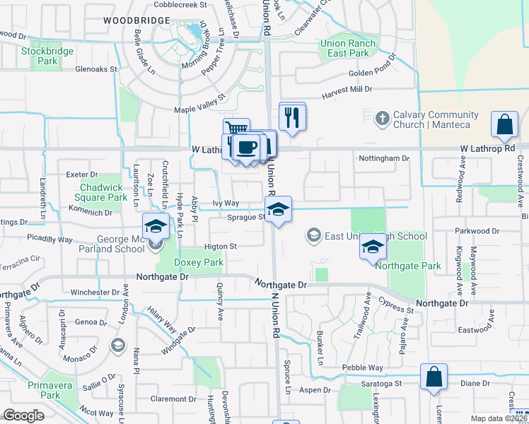 map of restaurants, bars, coffee shops, grocery stores, and more near 1910 Lily Lane in Manteca
