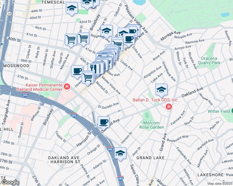 map of restaurants, bars, coffee shops, grocery stores, and more near 212 Monte Vista Avenue in Oakland