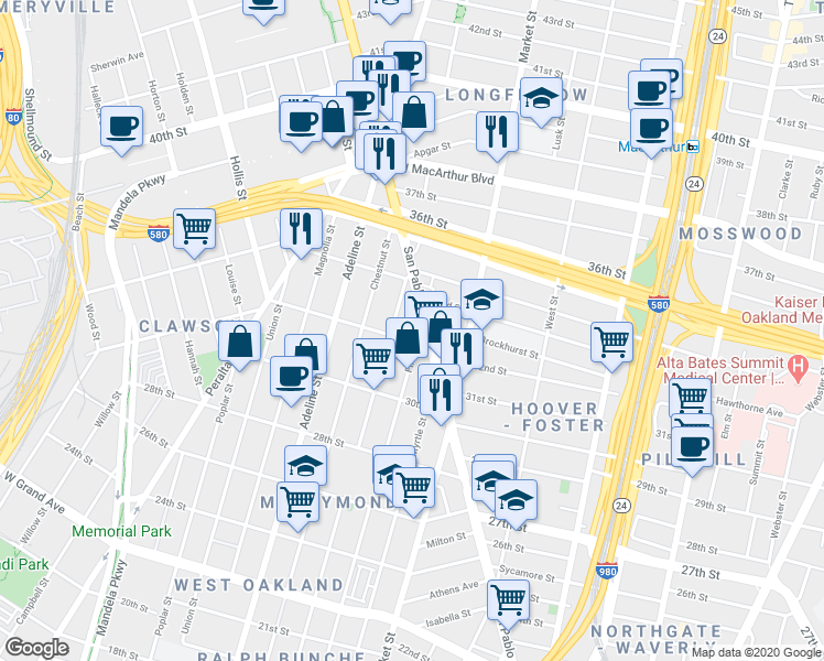 map of restaurants, bars, coffee shops, grocery stores, and more near 3236 Linden Street in Oakland