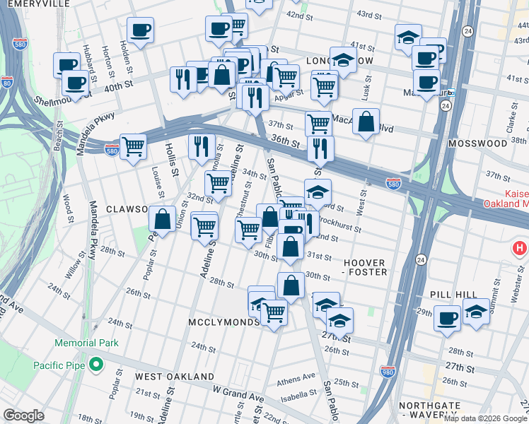 map of restaurants, bars, coffee shops, grocery stores, and more near 3236 Linden Street in Oakland