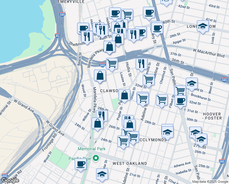 map of restaurants, bars, coffee shops, grocery stores, and more near 3217 Helen Street in Oakland