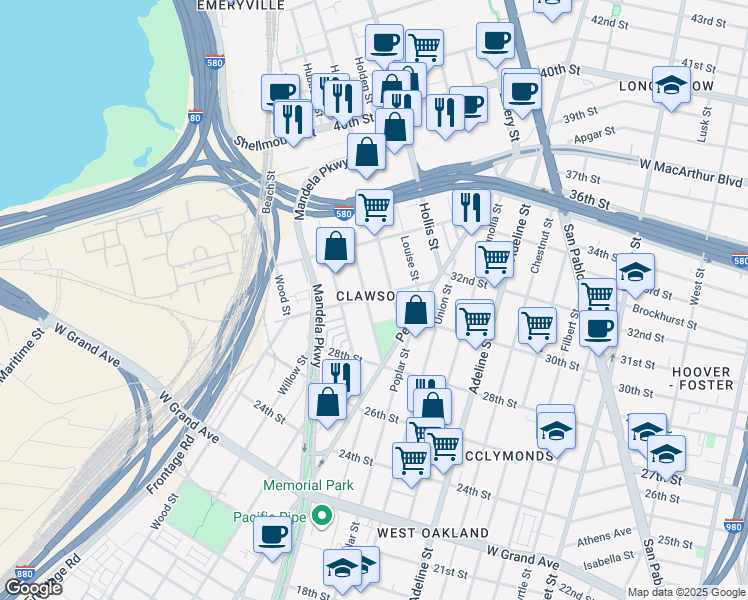 map of restaurants, bars, coffee shops, grocery stores, and more near 3217 Helen Street in Oakland