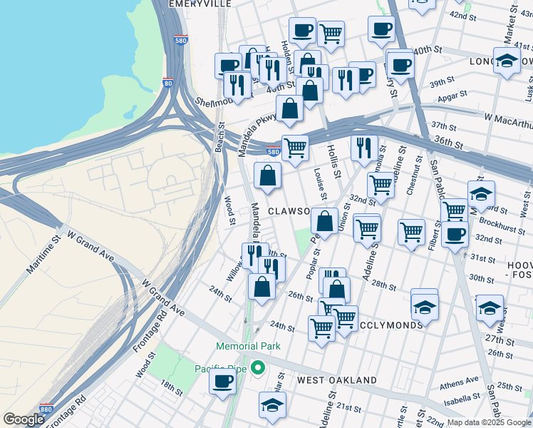map of restaurants, bars, coffee shops, grocery stores, and more near in Oakland