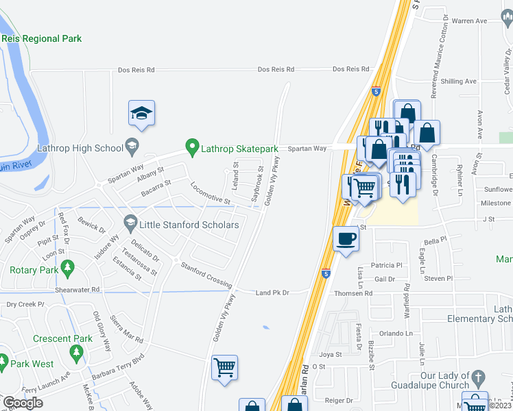map of restaurants, bars, coffee shops, grocery stores, and more near 15201 Golden Valley Parkway in Lathrop