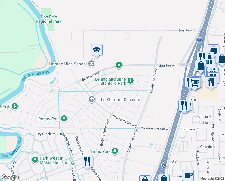 map of restaurants, bars, coffee shops, grocery stores, and more near 559 Madrone Street in Lathrop