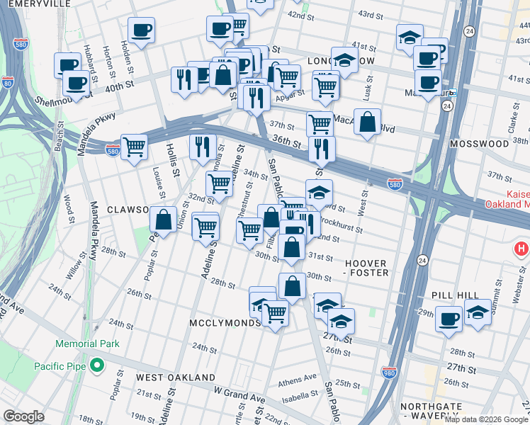 map of restaurants, bars, coffee shops, grocery stores, and more near 3236 Linden Street in Oakland