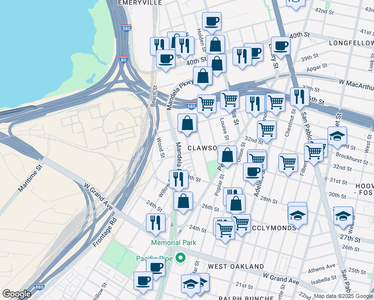 map of restaurants, bars, coffee shops, grocery stores, and more near 1608 32nd Street in Oakland