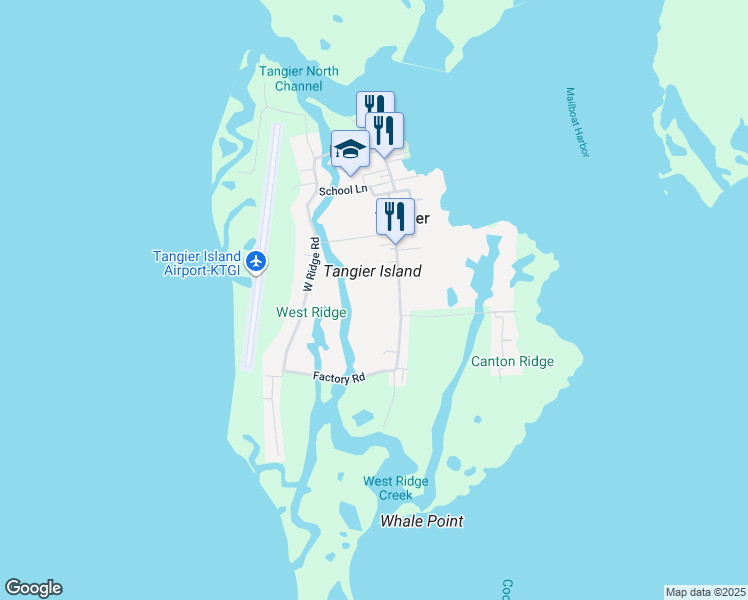 map of restaurants, bars, coffee shops, grocery stores, and more near 16304 Main Ridge Road in Tangier