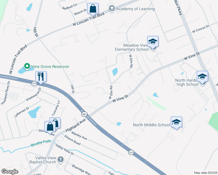 map of restaurants, bars, coffee shops, grocery stores, and more near 565-599 South Lorraine Street in Radcliff