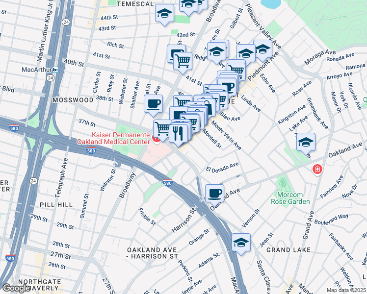 map of restaurants, bars, coffee shops, grocery stores, and more near in Oakland