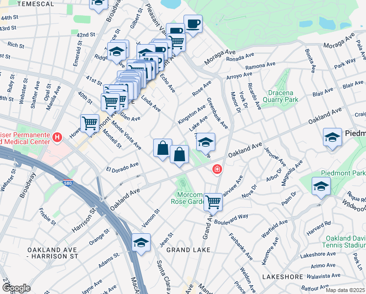map of restaurants, bars, coffee shops, grocery stores, and more near 50 Lake Avenue in Piedmont
