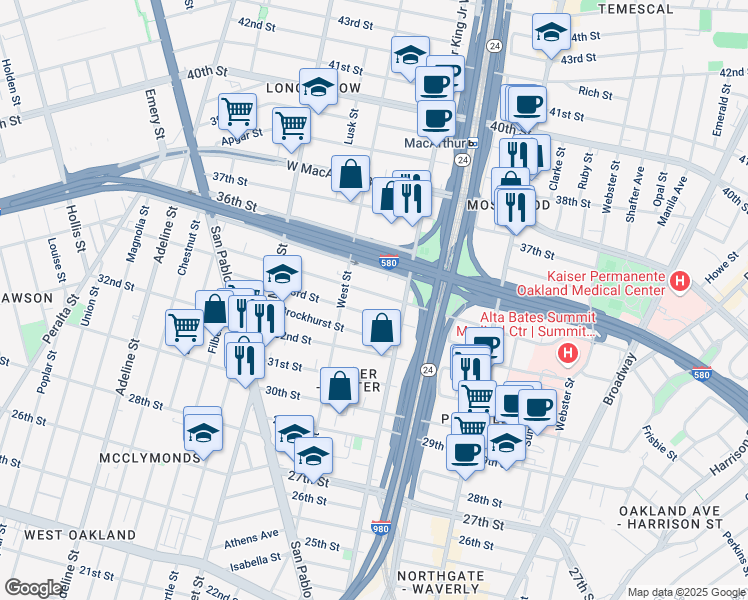 map of restaurants, bars, coffee shops, grocery stores, and more near 705 34th Street in Oakland