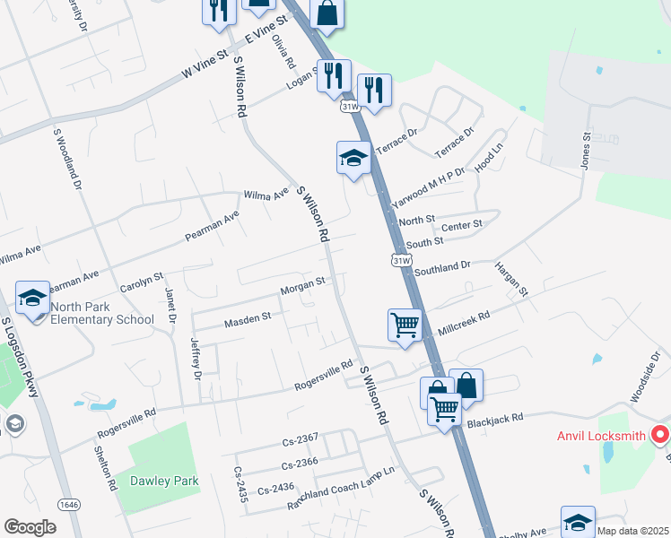 map of restaurants, bars, coffee shops, grocery stores, and more near 1285 South Wilson Road in Radcliff