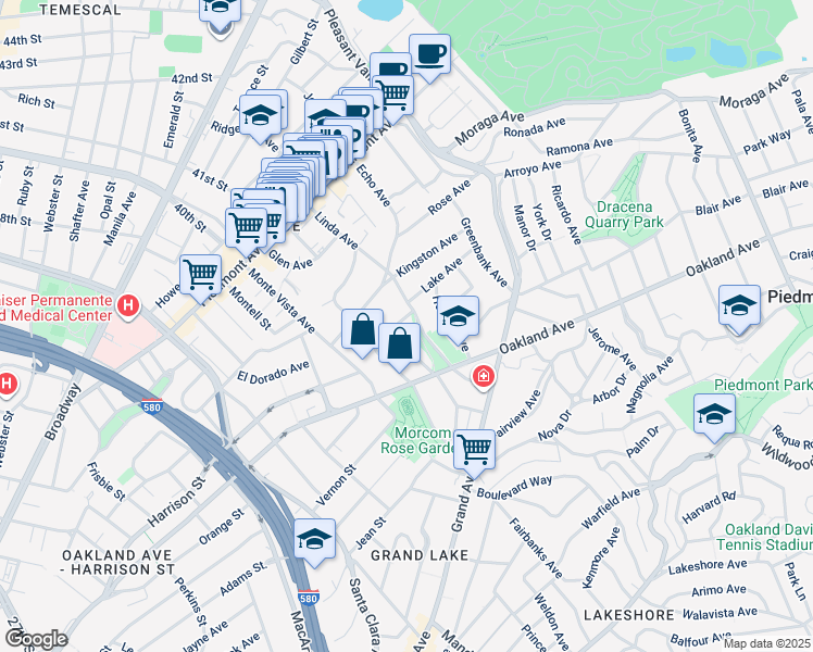 map of restaurants, bars, coffee shops, grocery stores, and more near 50 Lake Avenue in Piedmont