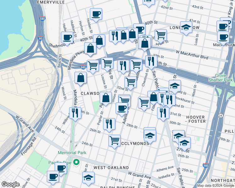 map of restaurants, bars, coffee shops, grocery stores, and more near 3110 Union Street in Oakland