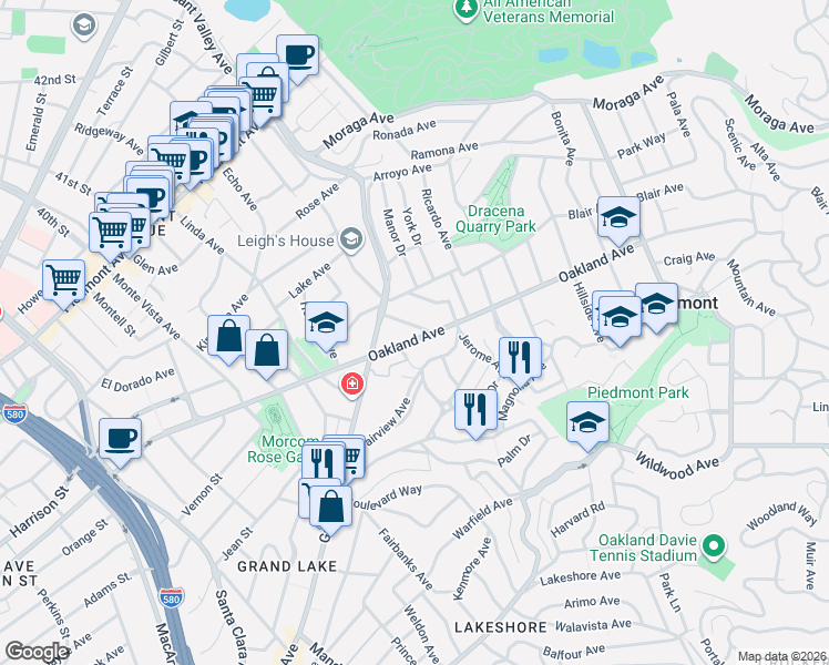 map of restaurants, bars, coffee shops, grocery stores, and more near 1137 Oakland Avenue in Piedmont