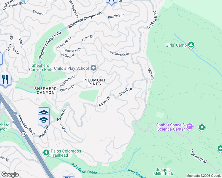 map of restaurants, bars, coffee shops, grocery stores, and more near 2855 Chelsea Drive in Oakland