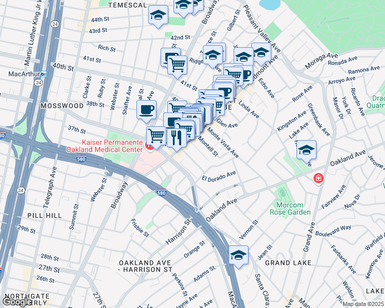 map of restaurants, bars, coffee shops, grocery stores, and more near 17 Rio Vista Avenue in Oakland