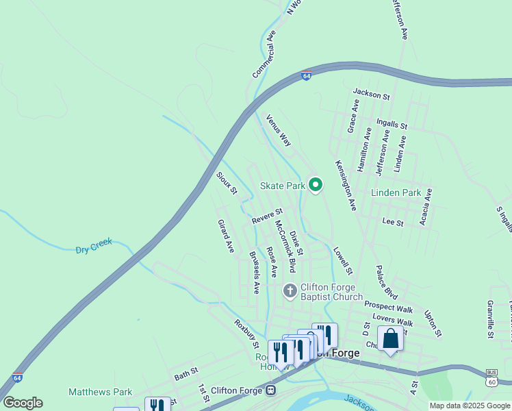 map of restaurants, bars, coffee shops, grocery stores, and more near 920 Rose Avenue in Clifton Forge