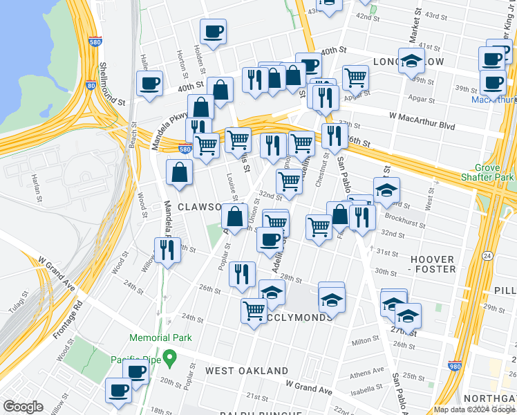 map of restaurants, bars, coffee shops, grocery stores, and more near 3110 Union Street in Oakland
