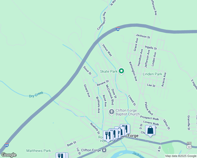 map of restaurants, bars, coffee shops, grocery stores, and more near 920 Rose Avenue in Clifton Forge