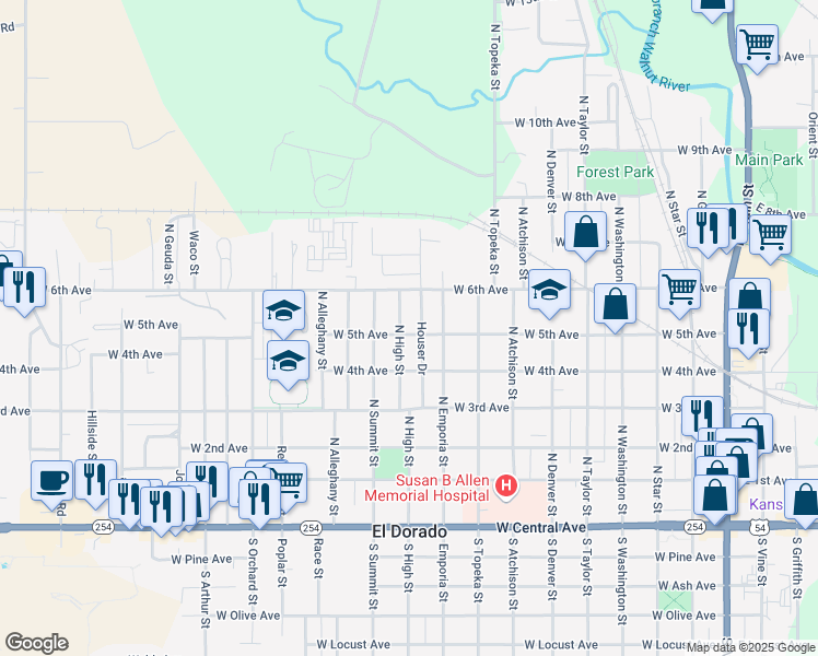 map of restaurants, bars, coffee shops, grocery stores, and more near 926 West 5th Avenue in El Dorado