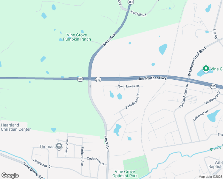 map of restaurants, bars, coffee shops, grocery stores, and more near 130 Twin Lakes Drive in Vine Grove