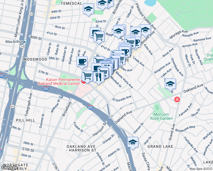 map of restaurants, bars, coffee shops, grocery stores, and more near 17 Rio Vista Avenue in Oakland