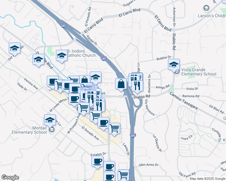map of restaurants, bars, coffee shops, grocery stores, and more near 276 Valley Creek Lane in Danville