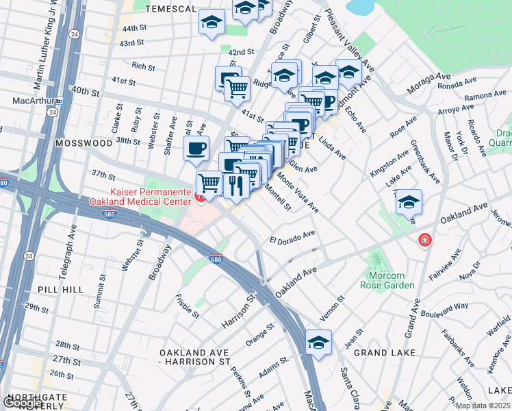 map of restaurants, bars, coffee shops, grocery stores, and more near 17 Rio Vista Avenue in Oakland
