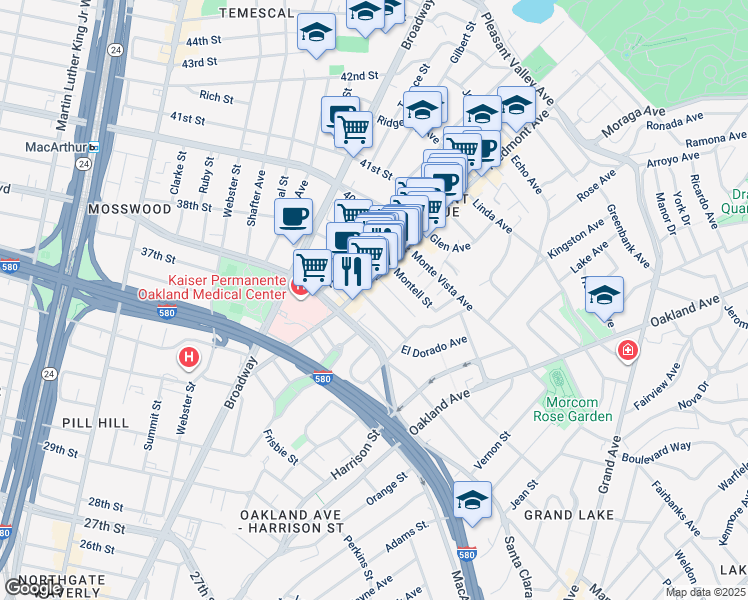 map of restaurants, bars, coffee shops, grocery stores, and more near 17 Rio Vista Avenue in Oakland