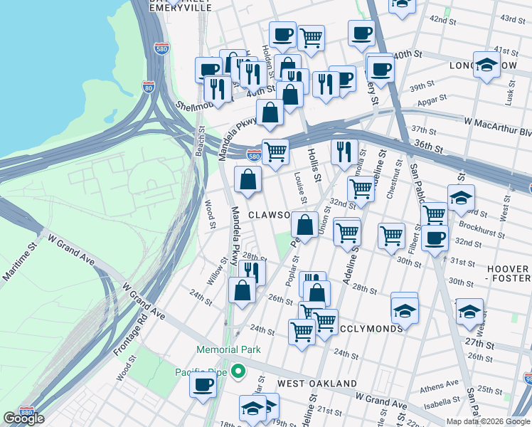 map of restaurants, bars, coffee shops, grocery stores, and more near in Oakland