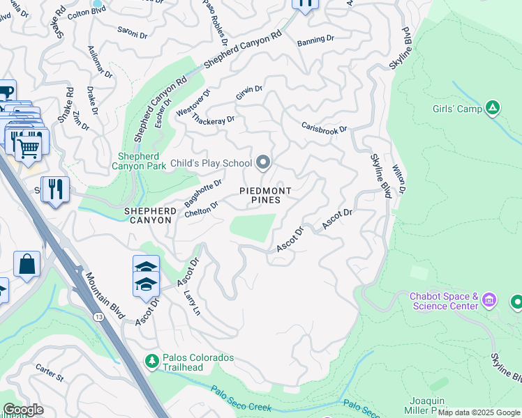 map of restaurants, bars, coffee shops, grocery stores, and more near 6048 Chelton Drive in Oakland