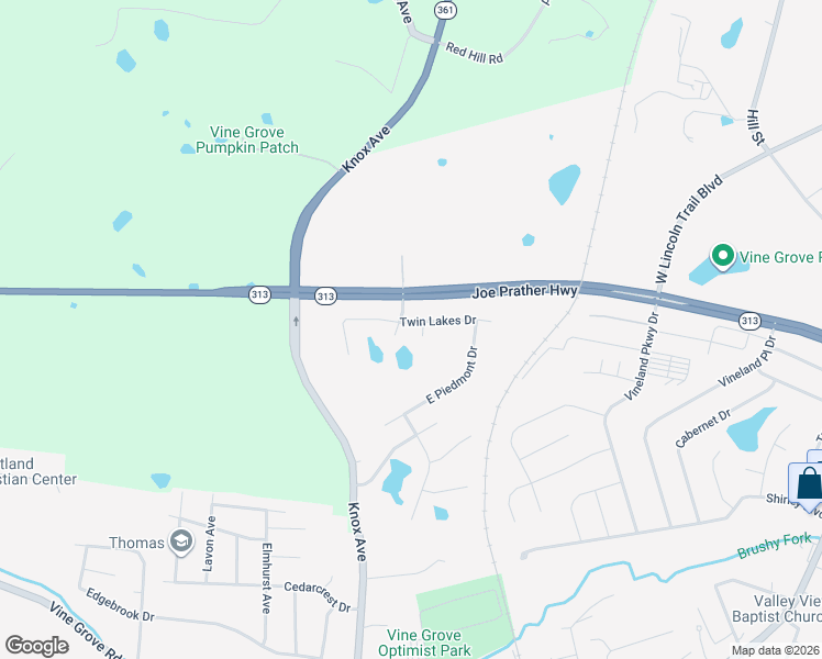 map of restaurants, bars, coffee shops, grocery stores, and more near 148 Twin Lakes Drive in Vine Grove