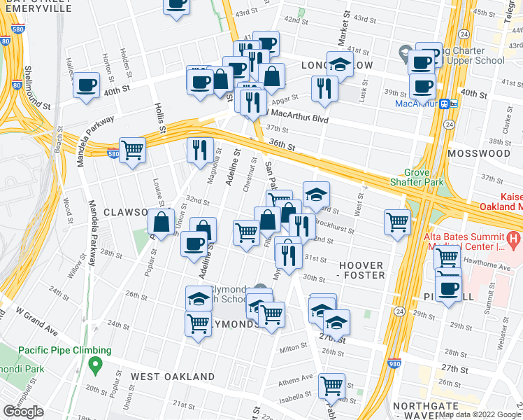 map of restaurants, bars, coffee shops, grocery stores, and more near 3236 Linden Street in Oakland