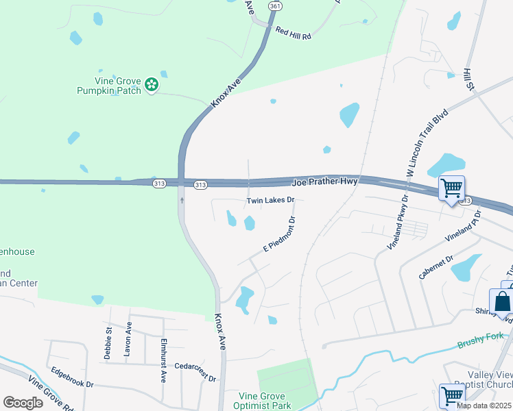 map of restaurants, bars, coffee shops, grocery stores, and more near 152 Twin Lakes Drive in Vine Grove