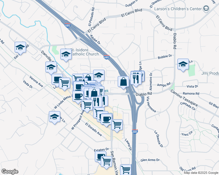 map of restaurants, bars, coffee shops, grocery stores, and more near 276 Valley Creek Lane in Danville