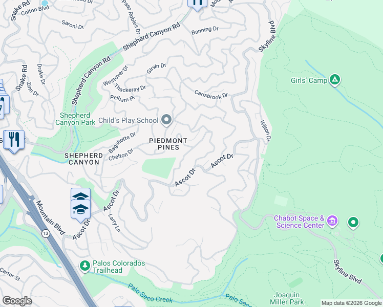 map of restaurants, bars, coffee shops, grocery stores, and more near 2699 Haverhill Drive in Oakland
