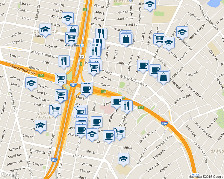 map of restaurants, bars, coffee shops, grocery stores, and more near 451 36th Street in Oakland