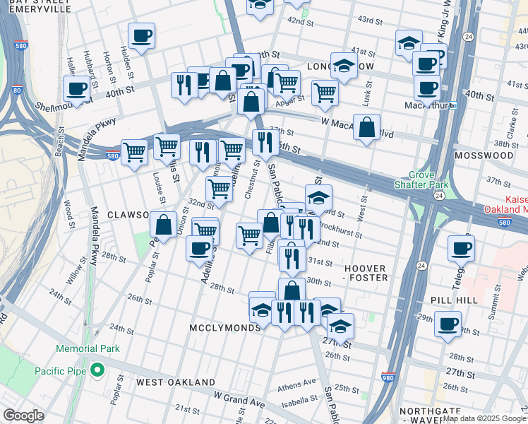 map of restaurants, bars, coffee shops, grocery stores, and more near 3236 Linden Street in Oakland