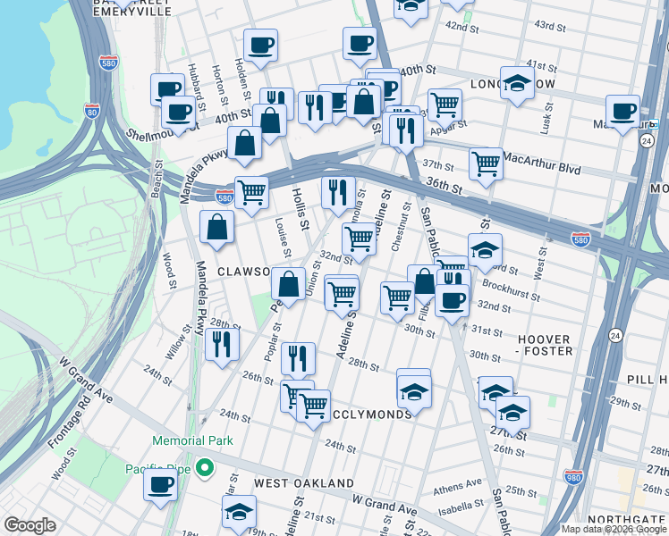 map of restaurants, bars, coffee shops, grocery stores, and more near in Oakland