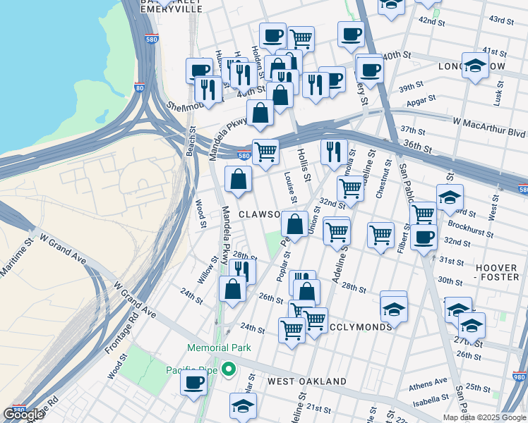 map of restaurants, bars, coffee shops, grocery stores, and more near 3217 Helen Street in Oakland