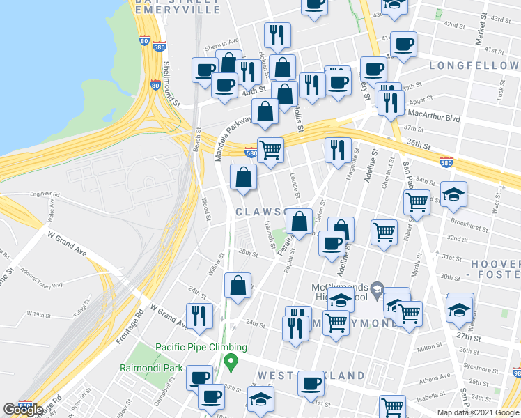 map of restaurants, bars, coffee shops, grocery stores, and more near in Oakland