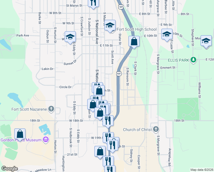 map of restaurants, bars, coffee shops, grocery stores, and more near 1415 South Main Street in Fort Scott