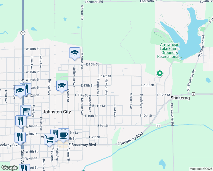 map of restaurants, bars, coffee shops, grocery stores, and more near 1201 East 13th Street in Johnston City